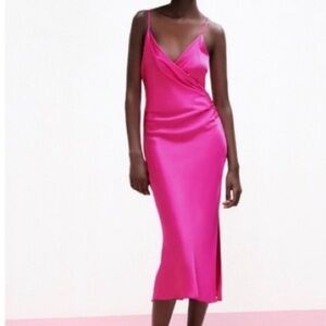 Zara Hot Pink Satin Slip Midi Dress